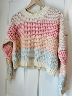 Lulus Effortlessly Cute Ivory Multi Striped Knit Cropped Sweater M